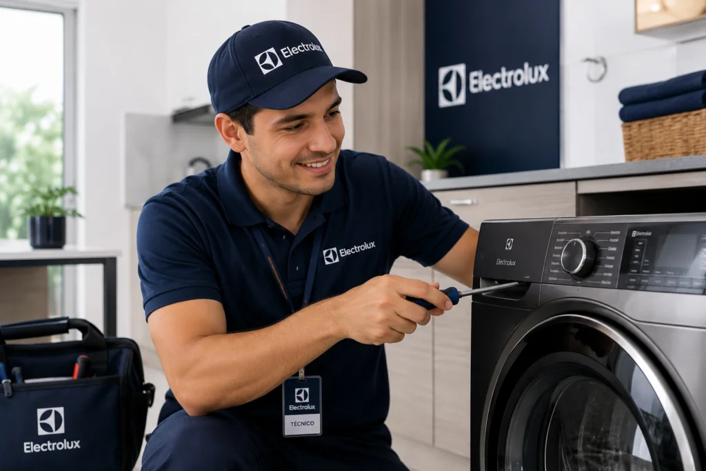 Técnico autorizado Electrolux reparando una lavadora en Cali