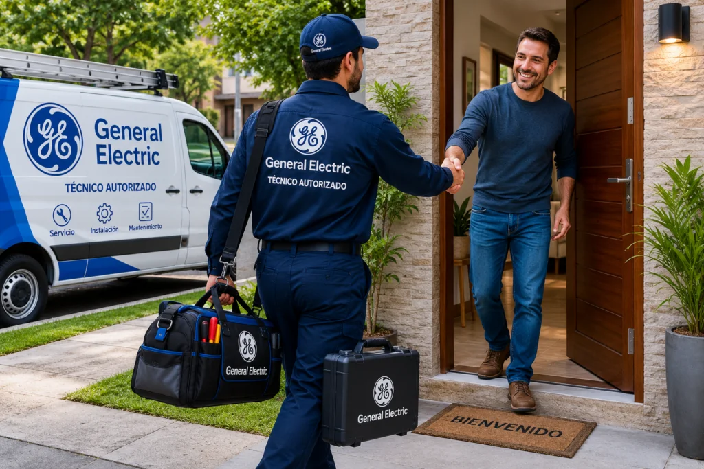 Técnico autorizado General Electric saludando a un cliente en Cali