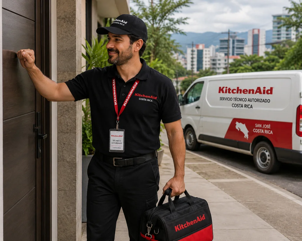 Técnico autorizado KitchenAid documentando una reparación en Cali