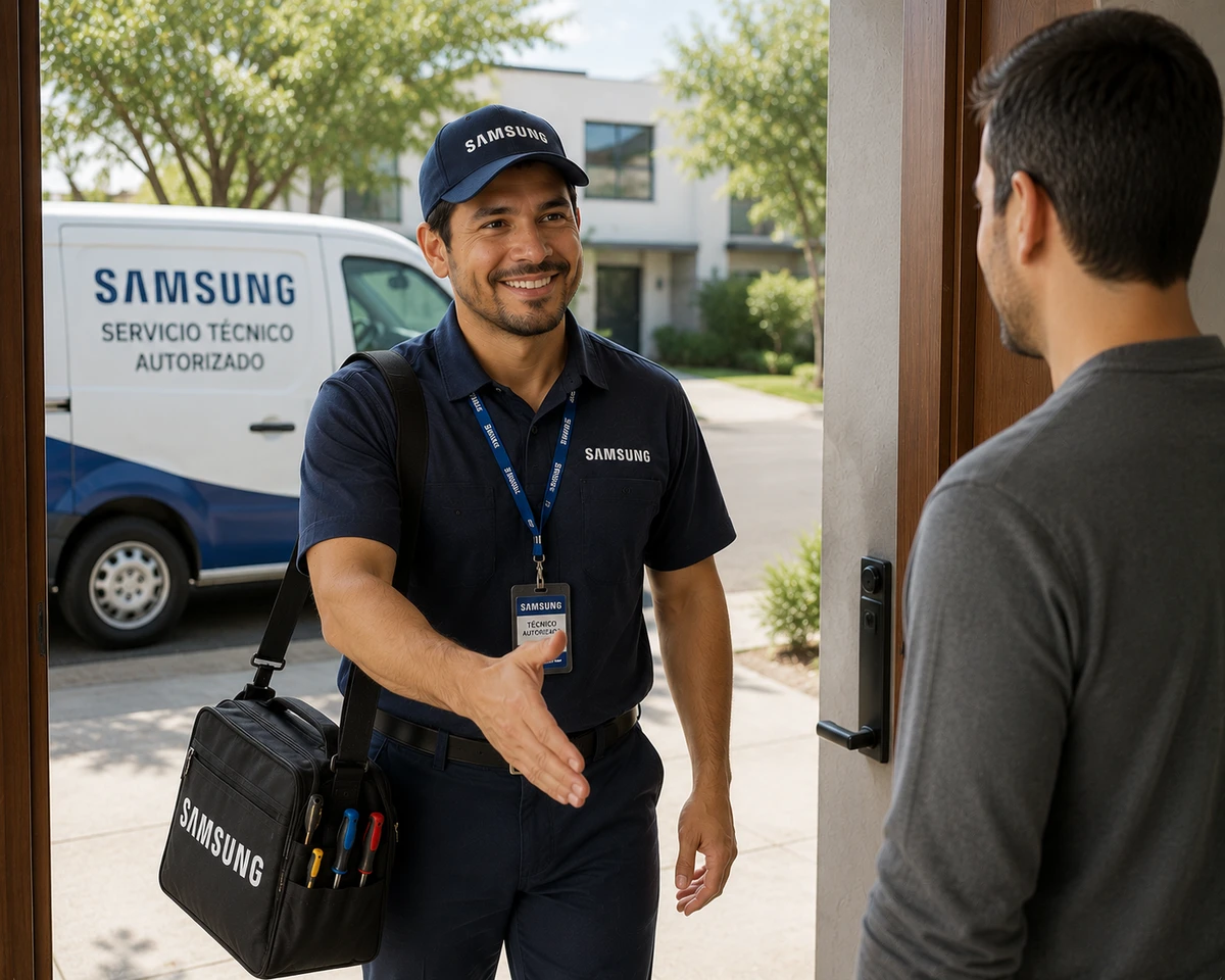 Técnico autorizado Samsung llegando a un domicilio en Cali