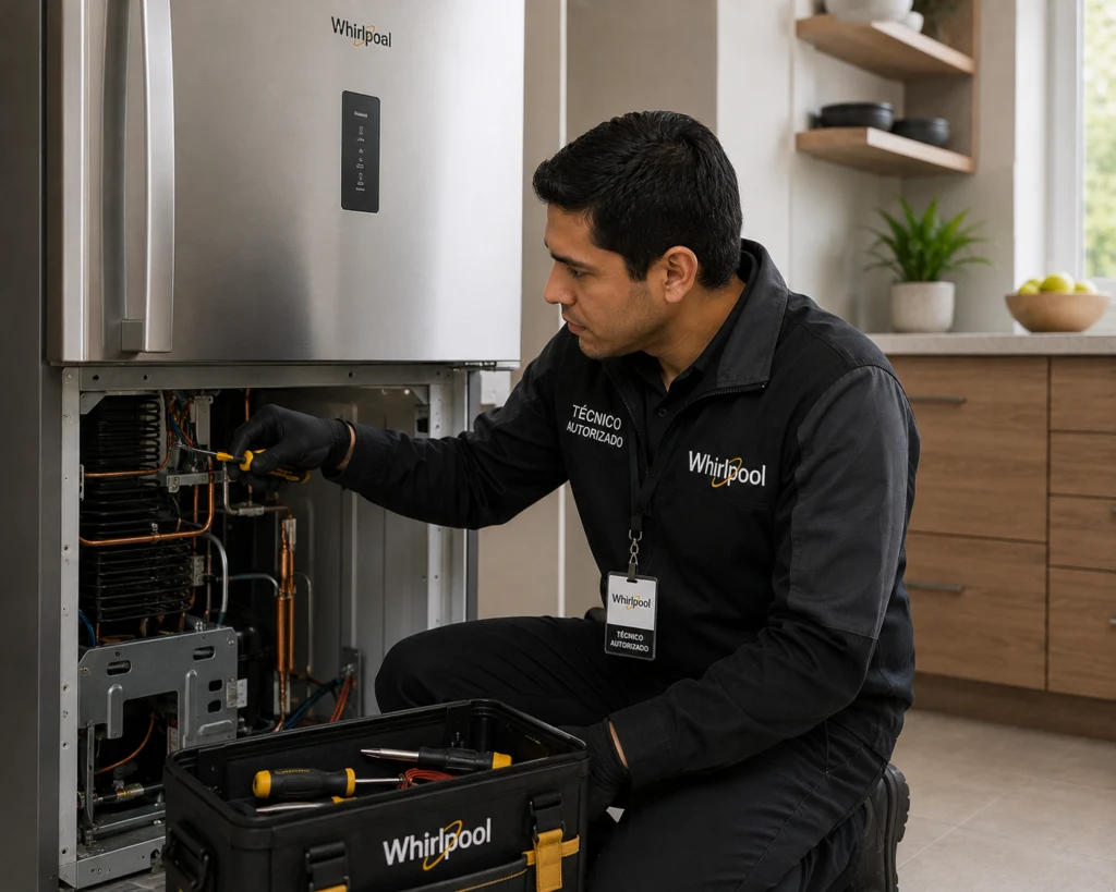 Técnico autorizado Whirlpool documentando una reparación en Cali